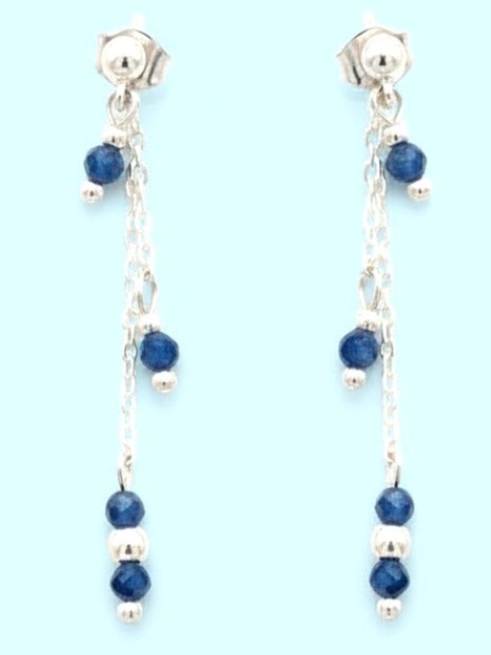 Natural Blue Sapphire Sterling Silver Chain Earrings, Minimalist Jewelry
